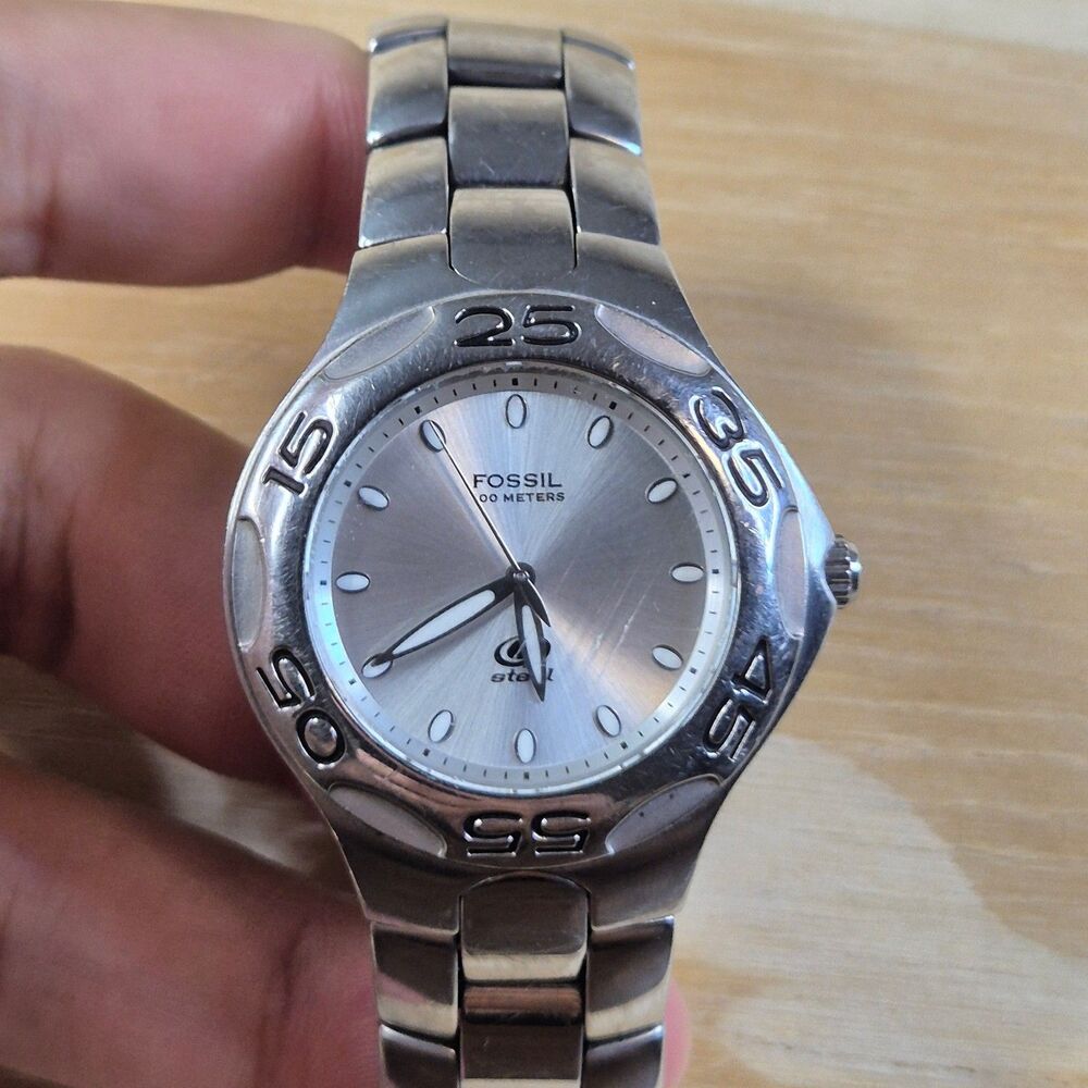 Fossil Blue JR-5001 Watch Silver Stainless Steel Y2K 100M Quartz Battery Vintage